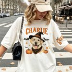 Personalised Halloween Witch Hat Pet Portrait T-shirt Sweatshirt with Name Funny Halloween Gift for Pet Lover Friend