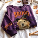 Personalised Halloween Witch Hat Pet Portrait T-shirt Sweatshirt with Name Funny Halloween Gift for Pet Lover Friend