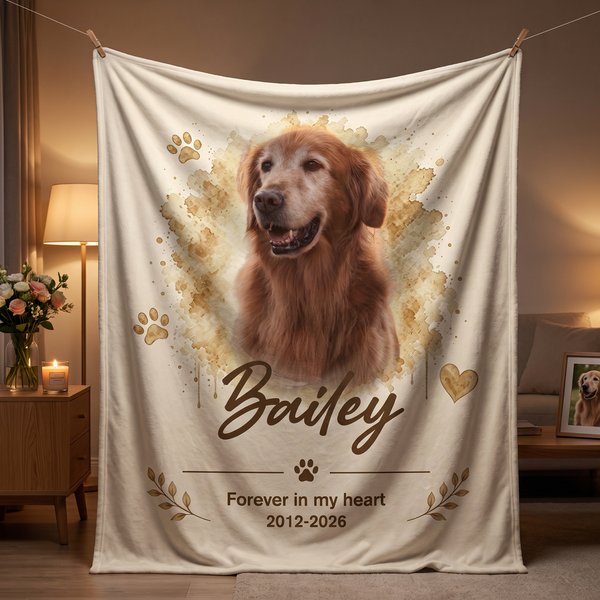 Coperta morbida personalizzata con disegno di un animale domestico in stile acquerello, con nome e testo: regalo commemorativo per la perdita di un animale domestico, dedicato ai proprietari di animal