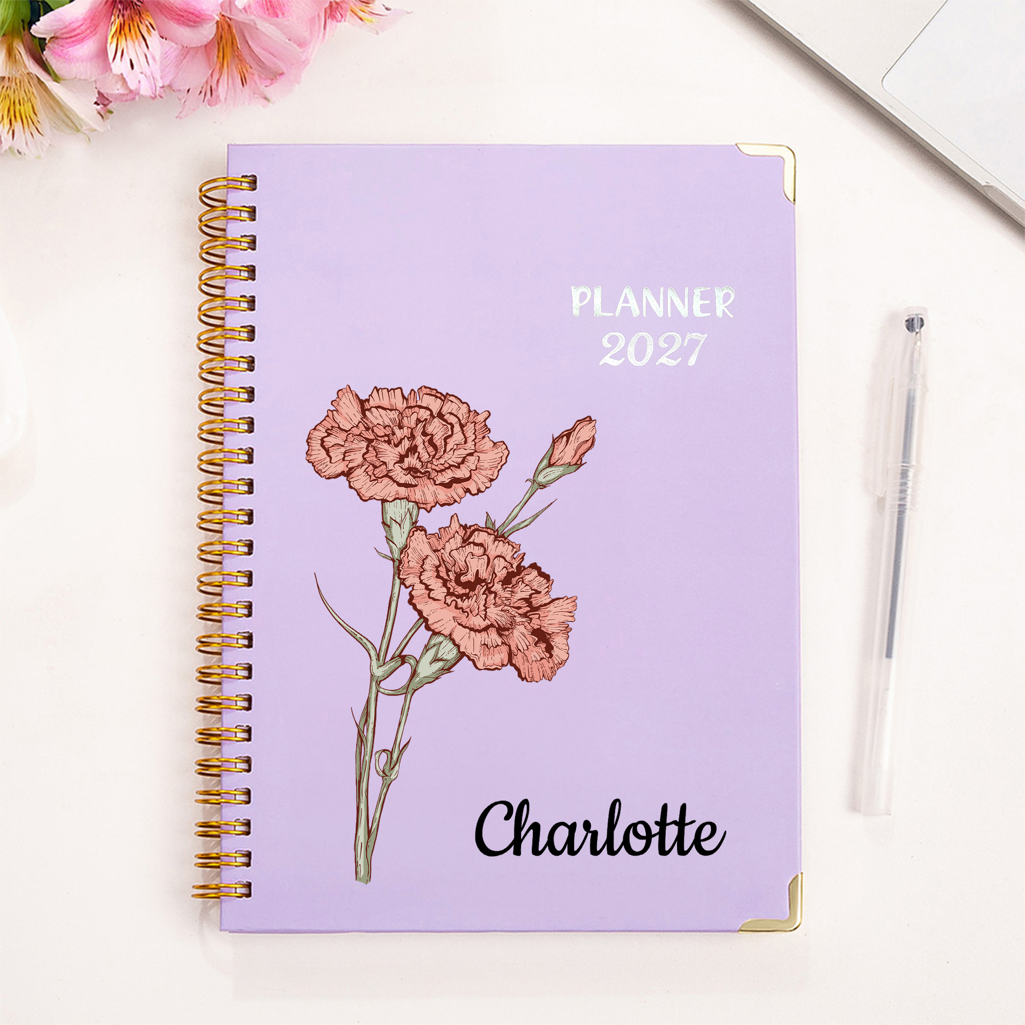 Personalisiertes A5 Spiral-Notizbuch im Geburtsblumen-Design | mit Namen | Wochenplaner | Monatsplaner | Geburtstag Geschenk für Familie Freunde