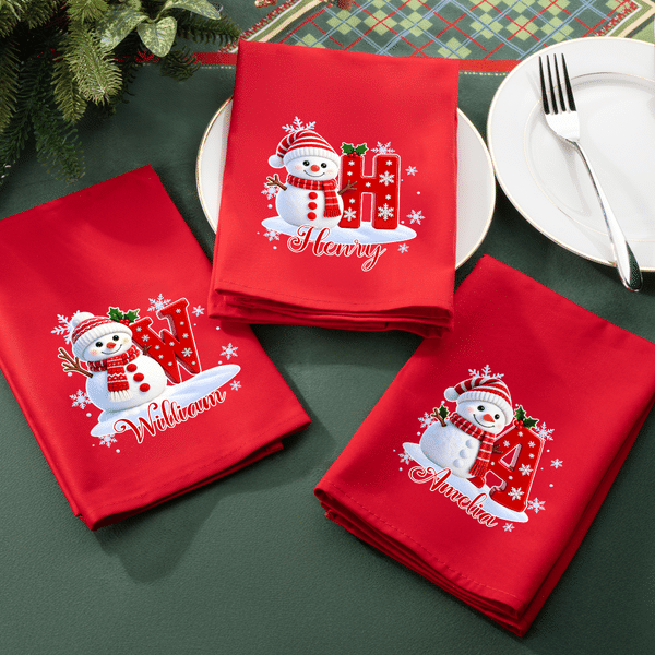 Serviette de table personnalisée avec l'initiale d'un adorable bonhomme de neige, 100 % coton, rouge, à séchage rapide, avec prénom – Décoration de table, cadeau de Noël pour la famille