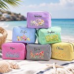 Borsa da trucco personalizzata con fiore del mese di nascita, a strisce multicolori e con nome: accessorio indispensabile da viaggio, per l'uso quotidiano, regalo di compleanno o di Natale per donne e