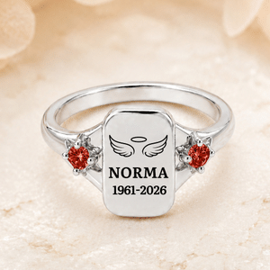 Personalised Angel Wings Birthstones Sterling Silver Ring with Engraved Name and Year Dainty Jewellery Birthday Anniversary Gift for Mum Gran