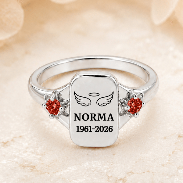 Personalized Angel Wings Birthstones Sterling Silver Ring with Engraved Name and Year Dainty Jewelry Birthday Anniversary Gift for Mom Grandma
