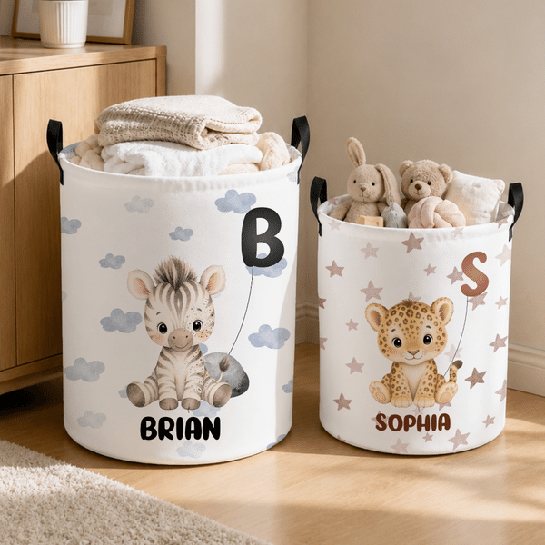 Cesto portabiancheria personalizzato con animali in stile cartone animato, impermeabile e di grande capienza, con nome e iniziale: decorazione per la camera da letto e regalo di compleanno per bambini