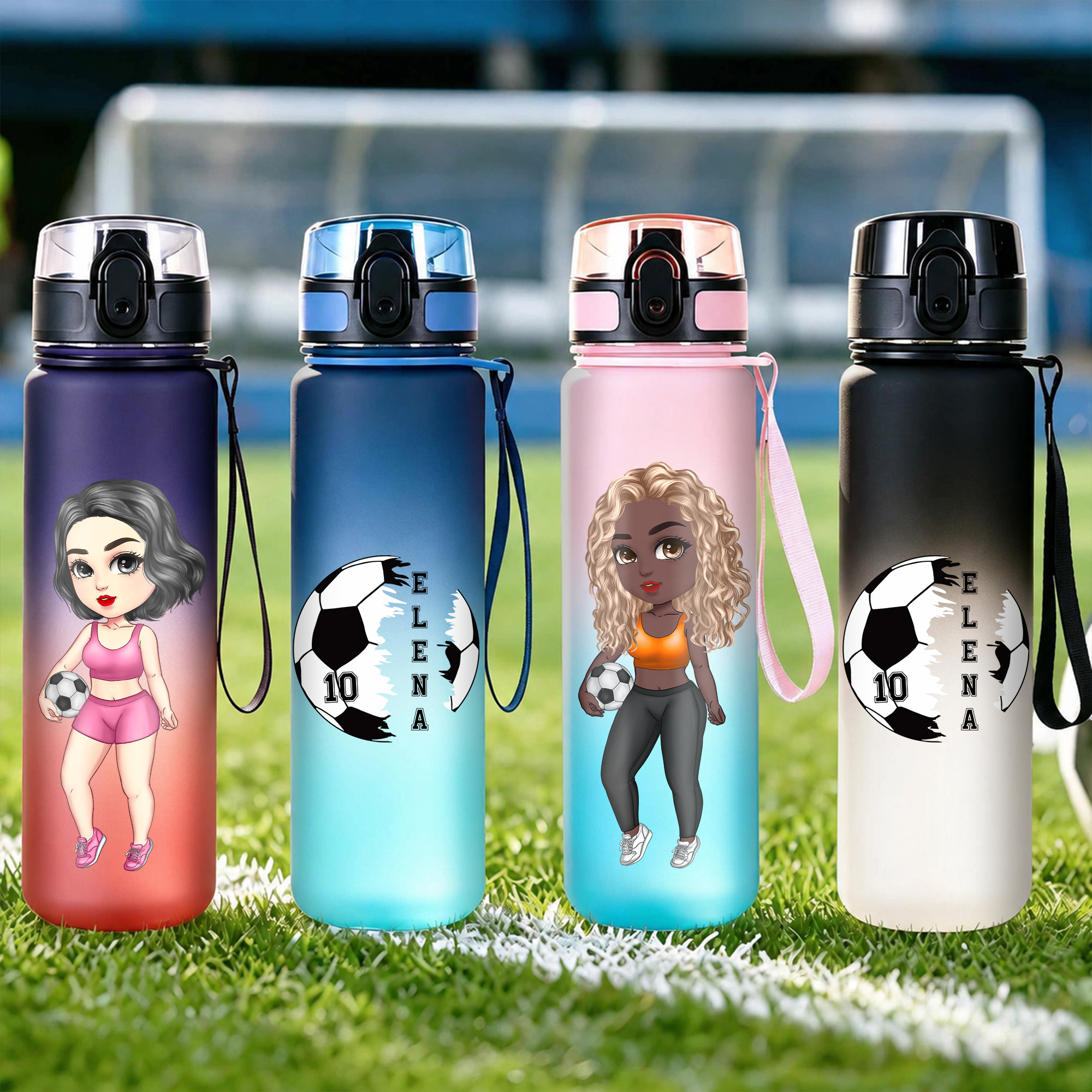 Personalisierte Gradient Cartoon Basketball Volleyball Fußball Mädchen Leakproof Name Wasserflasche mit Flip-Top-Deckel und Riemen Geschenk für Gym Sportliebhaber