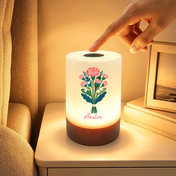Personalized Illustration Style Birth Flower Dimmable Color-Changing Night Light with Name Bedroom Decor Birthday Gift for Woman Friends