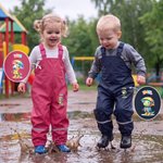 Personliga regnbyxor för barn med djurmotiv i tecknad stil, lerbeständiga, med namn och justerbara axelremmar – för utomhusbruk, perfekt som skolstartspresent till barn och elever