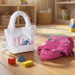 Sac en velours côtelé personnalisé avec nom - Sac à décoration au crochet - Cadeau d'anniversaire pour les enfants