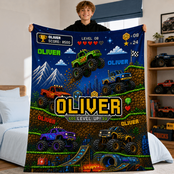 Personalised Pixel Art Off-Road Lorry Adventure Soft Throw Blanket with Name Home Decor Birthday Gift for Boy Lorry Lover