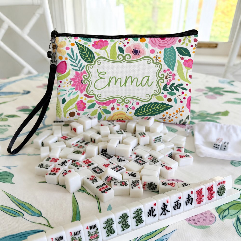 Henkilökohtainen, kannettava, värikäs ja taiteellinen kukka-aiheinen monogrammilla varustettu pellavainen mahjong-laukku, jossa vetoketju ja nimi – lahja mahjong-harrastajille peli-iltoihin tai yökerh 6