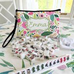 Henkilökohtainen, kannettava, värikäs ja taiteellinen kukka-aiheinen monogrammilla varustettu pellavainen mahjong-laukku, jossa vetoketju ja nimi – lahja mahjong-harrastajille peli-iltoihin tai yökerh 6