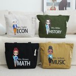 Personalized Cartoon Teacher Large Corduroy Tote Bag with Text and Subject Teacher's Day Birthday Back to School Gift for Teacher