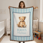 Personalised Cute Woven Teddy Bear Soft Tassel Throw Blanket with Name Nursery Decor Birthday Gift for Kids Family