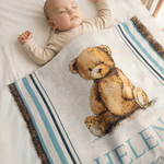 Personalised Cute Woven Teddy Bear Soft Tassel Throw Blanket with Name Nursery Decor Birthday Gift for Kids Family