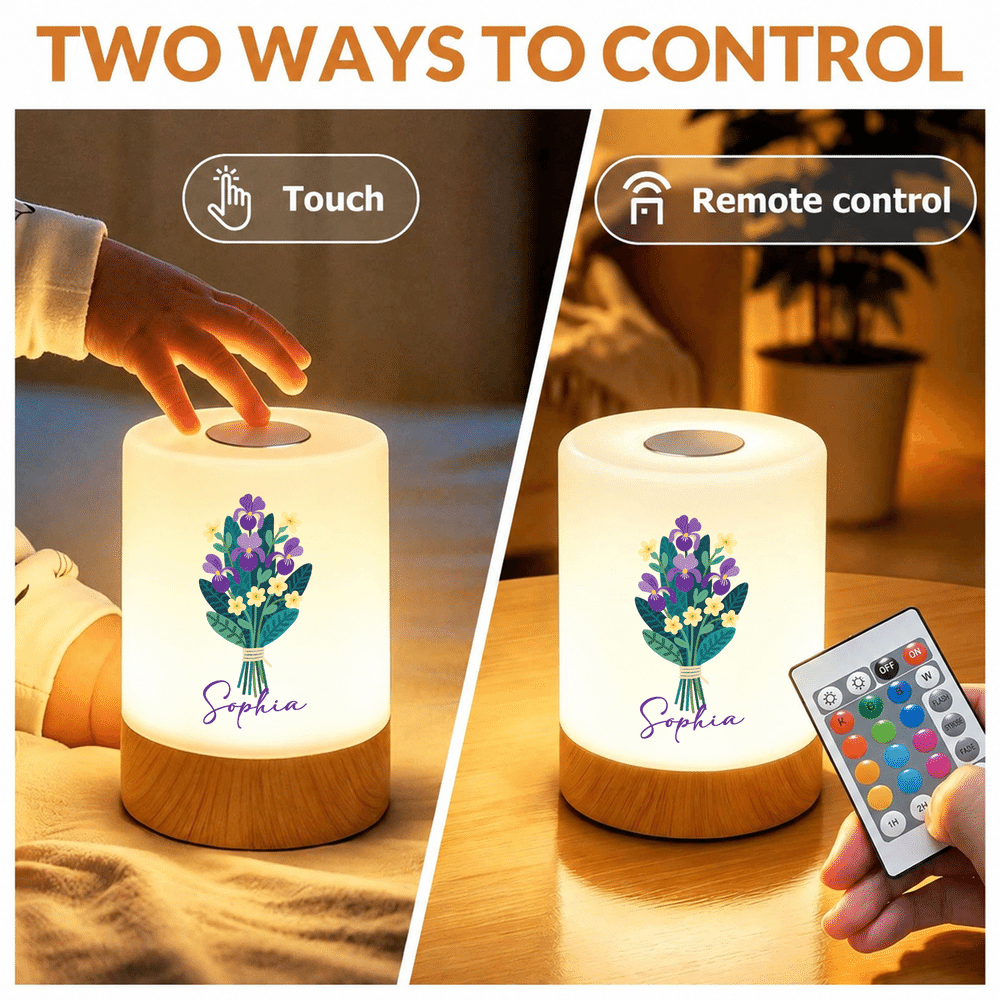 Personalized Illustration Birth Flower Dimmable Color-Changing Touch Control Night Light with Name and Remote Bedroom Decor Birthday Gift for Women 7
