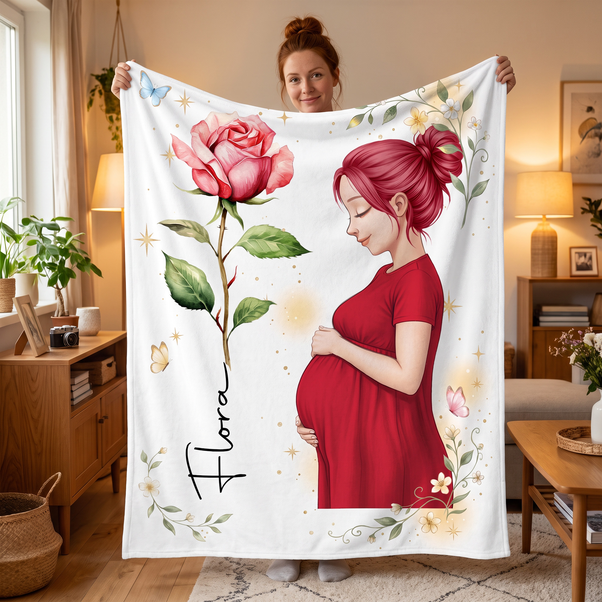 Personalisierte, weiche Decke mit Geburtsblume für Schwangere und Mütter, mit Namen, für den Hausgebrauch – Geschenk zur Schwangerschaft und zum Jahrestag für Schwangere und junge Mütter