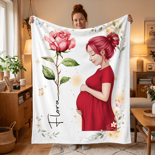 Personalised Pregnant Motherhood Birth Flower Soft Throw Blanket with Name Home Use Pregnancy Anniversary Gift for Pregnant Woman New Mother