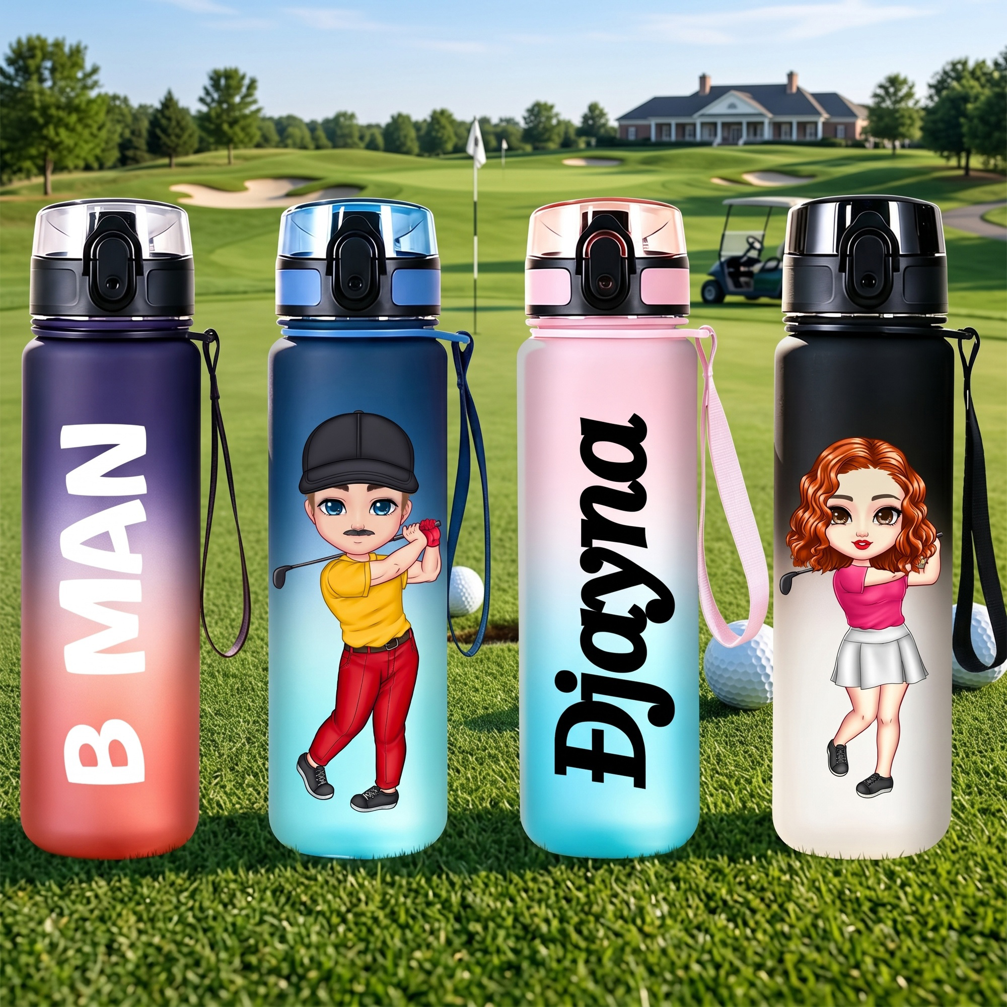 Personalisierte Gradient Cartoon Golf Thema auslaufsicher Sport Name Wasserflasche mit Flip-Top-Deckel und Riemen Geburtstagsgeschenk für Gym Fitness Golf-Liebhaber