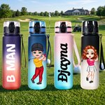 Personalized Gradient Cartoon Golf Theme Leakproof Sports Name Water Bottle with Flip Top Lid and Strap Birthday Gift for Gym Fitness Golf Lovers