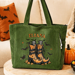 Personalized Witch Boots Bat Halloween Theme Large Capacity Corduroy Tote Bag with Name Daily Use Halloween Gift for Women Friends