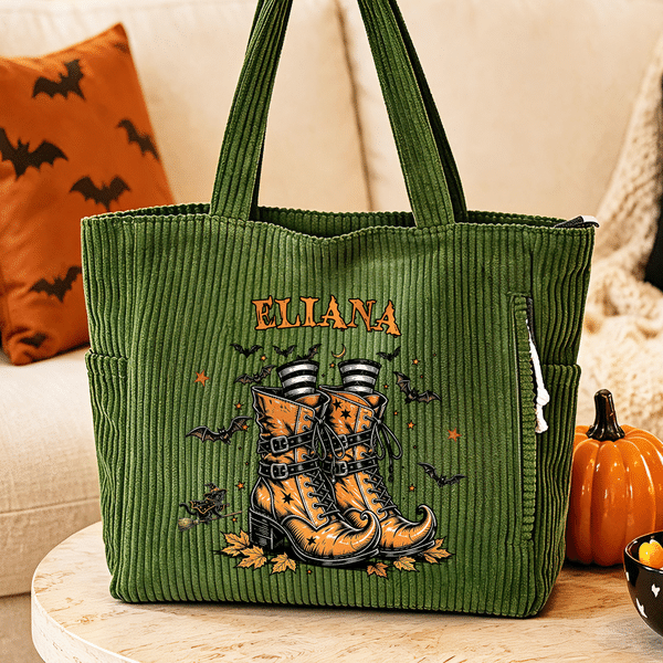 Personalized Witch Boots Bat Halloween Theme Large Capacity Corduroy Tote Bag with Name Daily Use Halloween Gift for Women Friends