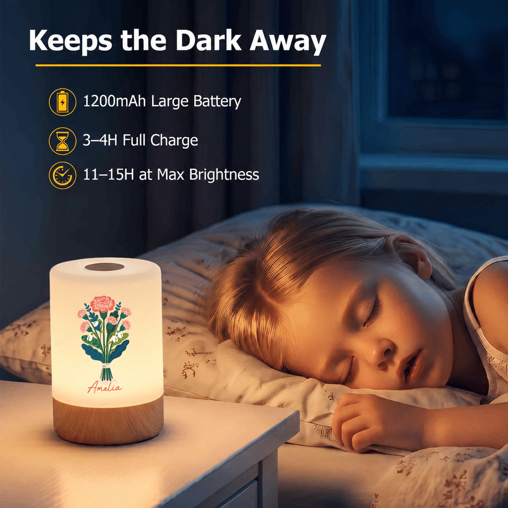 Personalized Illustration Birth Flower Dimmable Color-Changing Touch Control Night Light with Name and Remote Bedroom Decor Birthday Gift for Women 4