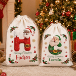 Borsa regalo personalizzata in tela con Babbo Natale e il messaggio “Buon Natale”, con nome e iniziale: regalo della vigilia di Natale per i bambini