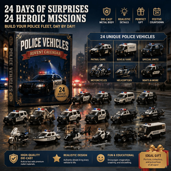 Calendrier de l'Avent « Flotte de véhicules de police » 2026 – Compte à rebours festif de 24 jours, boîte surprise contenant des breloques en acrylique, cadeau de Noël pour les enfants et les passionn
