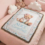 Personalised Cute Woven Teddy Bear Soft Tassel Throw Blanket with Name Nursery Decor Birthday Gift for Kids Family