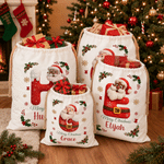 Borsa regalo personalizzata in tela con Babbo Natale e il messaggio “Buon Natale”, con nome e iniziale: regalo della vigilia di Natale per i bambini