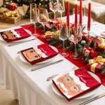 Tovagliolo rosso 100% cotone con foto personalizzata: simpatico cappellino da Babbo Natale e volto da cartone animato, con nome, decorazione da tavola, regalo di Natale per la famiglia e gli amici