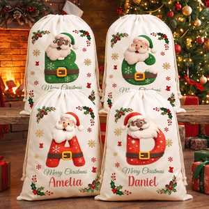 Borsa regalo personalizzata in tela con Babbo Natale e il messaggio “Buon Natale”, con nome e iniziale: regalo della vigilia di Natale per i bambini