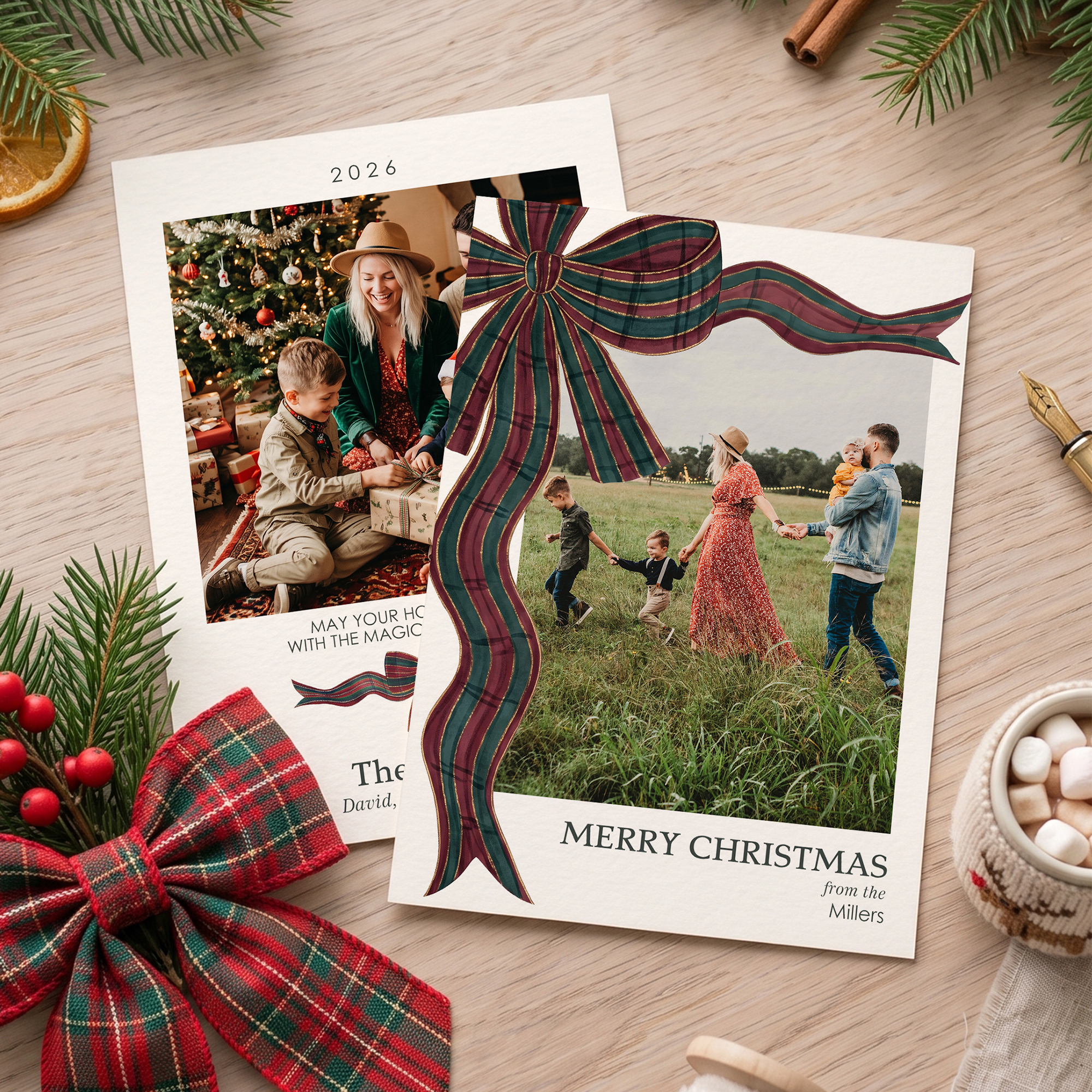 Personalisierte Weihnachts-Fotogrußkarte mit Schleife, Namen und Jahreszahl – Weihnachtsgeschenk für Familie und Freunde