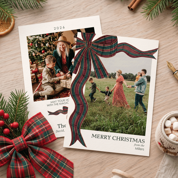 Carte de vœux personnalisée avec photo, nœud de Noël, prénom et année – Cadeau de Noël pour la famille et les amis