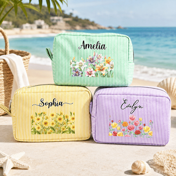 Personalized Birth Flower Multicolour Striped Makeup Bag with Name Portable Daily Travel Essential Birthday Christmas Gift for Women Besties