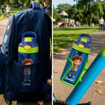 Botella personalizada de 475 ml con personaje de dibujo animado y nombre pajita de silicona y tapa regalo de cumpleaños o vuelta al cole para niños
