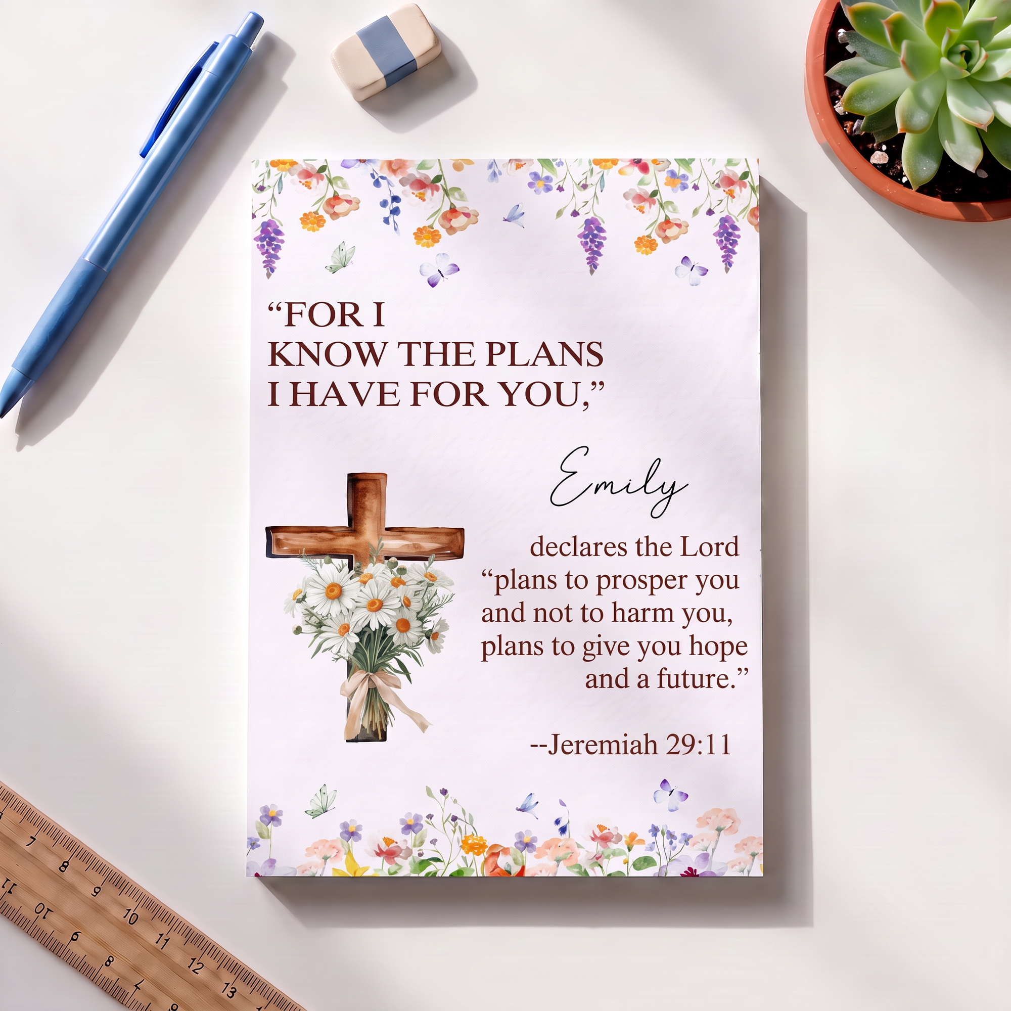 Personalisierter Notizblock mit Aquarellmotiv, Geburtsblume und Kreuz, mit Namen und 40/80 Seiten – tägliches Gebet, Geburtstagsgeschenk, religiöses Geschenk für gläubige Christen