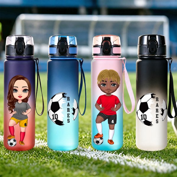 Botella de agua deportiva con nombre, con tapa abatible y correa, personalizada, de dibujos animados, para los amantes del fútbol y el gimnasio