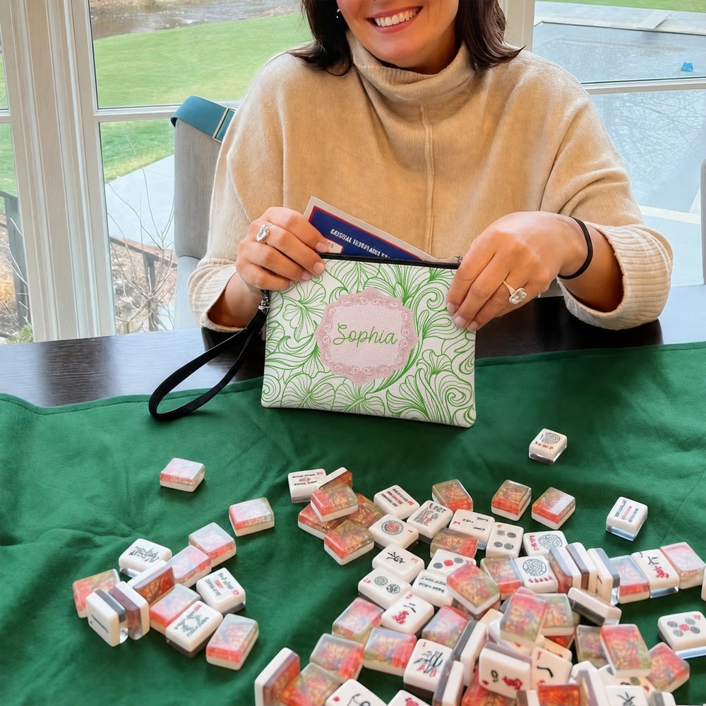 Henkilökohtainen, kannettava, värikäs ja taiteellinen kukka-aiheinen monogrammilla varustettu pellavainen mahjong-laukku, jossa vetoketju ja nimi – lahja mahjong-harrastajille peli-iltoihin tai yökerh 5