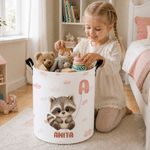 Cesto portabiancheria personalizzato con animali in stile cartone animato, impermeabile e di grande capienza, con nome e iniziale: decorazione per la camera da letto e regalo di compleanno per bambini