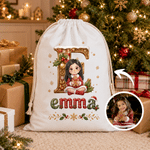 Gepersonaliseerde 3D-stijl kunstwerk cartoon kinderfoto cadeauzak met trekkoord en grote inhoud, met naam, kerstfeestcadeau voor kinderen en vrienden