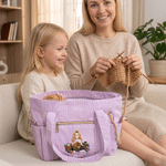 Personalized 3D-Effect Artwork Yarn Knitting Cartoon Character Corduroy Tote Bag with Name and Crochet Hook Slots Birthday Gift for Women