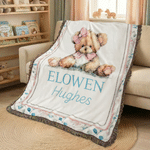 Personalised Cute Woven Teddy Bear Soft Tassel Throw Blanket with Name Nursery Decor Birthday Gift for Kids Family