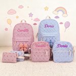 Juego de 3 piezas: mochila escolar, bolsa para el almuerzo y bolsa de almacenamiento con diseño de cuadrícula y lazo personalizado, con nombre bordado. Regalo de vuelta al cole y de cumpleaños para ni