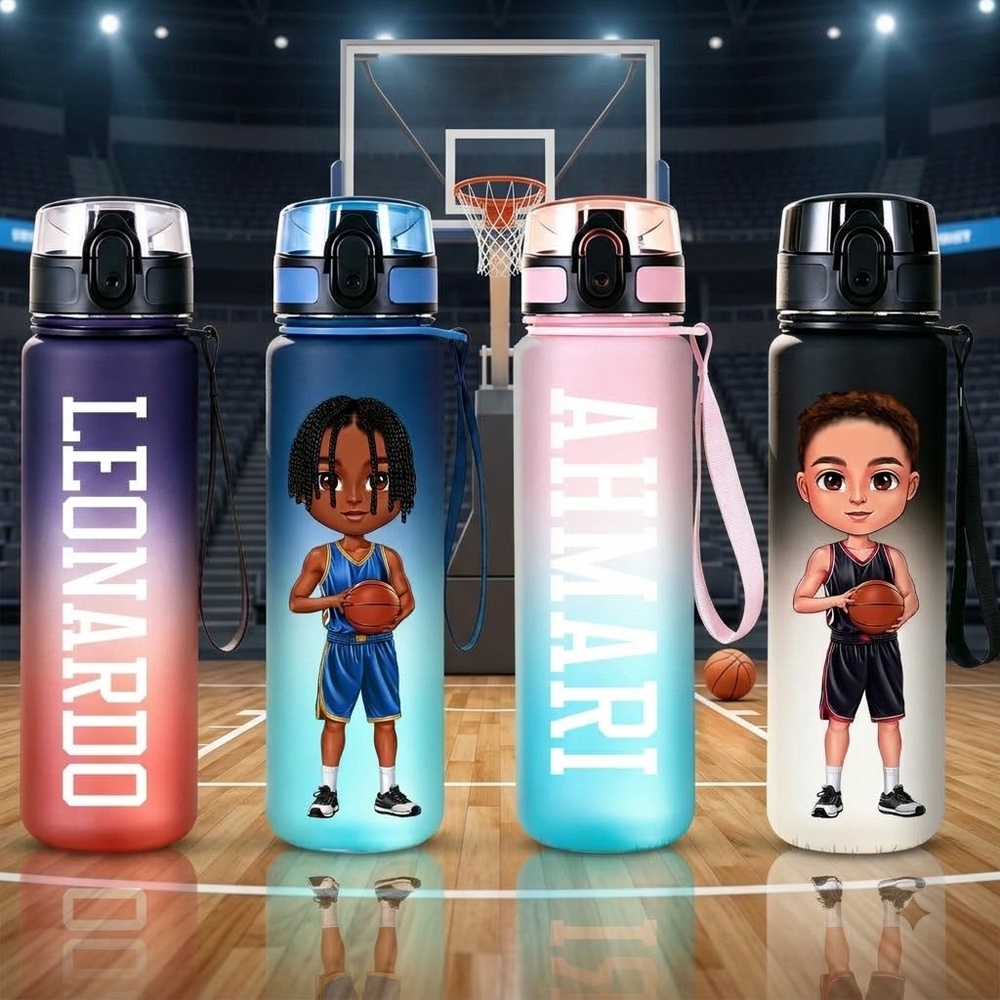 Personalisierte Cartoon Basketball Charakter Name Gradient Sport Wasserflasche mit Flip-Top-Deckel und Riemen Geburtstagsgeschenk für Gym Fitness Basketball-Liebhaber