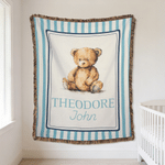 Personalised Cute Woven Teddy Bear Soft Tassel Throw Blanket with Name Nursery Decor Birthday Gift for Kids Family