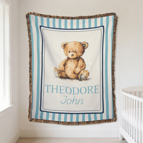 Personalised Cute Woven Teddy Bear Soft Tassel Throw Blanket with Name Nursery Decor Birthday Gift for Kids Family
