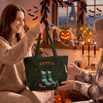 Personalized Witch Boots Bat Halloween Theme Large Capacity Corduroy Tote Bag with Name Daily Use Halloween Gift for Women Friends
