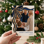Carte de vœux personnalisée avec photo, nœud de Noël, prénom et année – Cadeau de Noël pour la famille et les amis